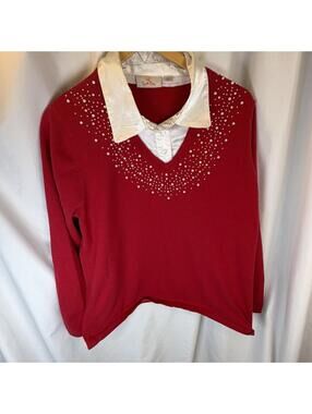 QUACKER FACTORY Embellished Red Pullover Duet Sweater W/Pearls Large Classic